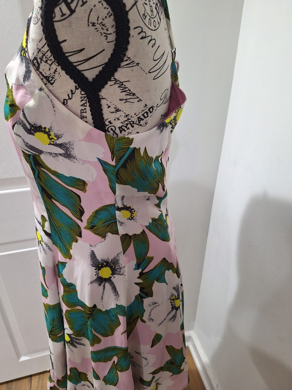 Pink Floral Slip Dress with Green Leaf Print